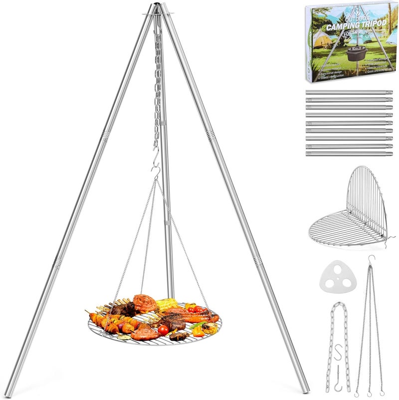 Joyfair Campfire Camping Tripod Grill Grate(17” Dia.), Heavy Duty Stainless Steel Openfire Tripod with Over Firepit Rack Camp Equipment, Adjustable Height Stand for Outdoor BBQ Cooking Grilling - Image 1